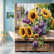 Sunflower Bucket Shower Curtain Country Rustic Floral Farmhouse Decor