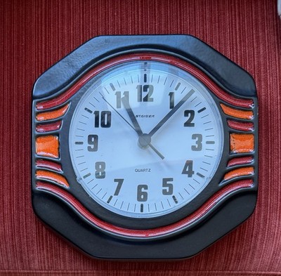 Vintage 1970s Staiger Quartz Ceramic Black Red Orange Wall Clock MCM Space Age