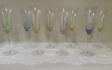 Large Set (8) Beautiful Etched Multicolor Rainbow Champagne Flute Glasses