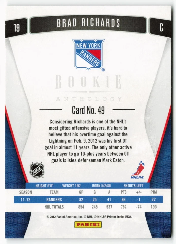 2011-12 Brad Richards Panini Rookie Anthology - New York Rangers - Image 2 of 2