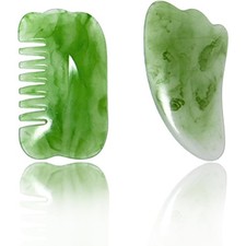 Gua Sha Facial Tools Set for Lymphatic Drainage Face Massage 2 Piece Green Stone