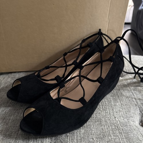 Chase & Chloe Black Strappy Gladiator Laceup Open toe Suede Wedge Heel 8 - 第 1/15 張圖片