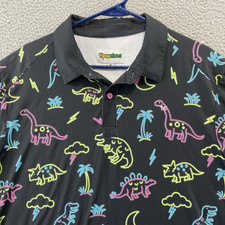 Tipsy Elves Polo Shirt Mens XL Black Neon Dinosaur Golf Performance Stretch Fun