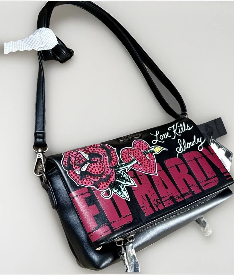 ED HARDY Love Kills Slowly BLK Rhinestone XBODY CLUTCH Rose Y2K Tattoo Skull - Image 4 of 4