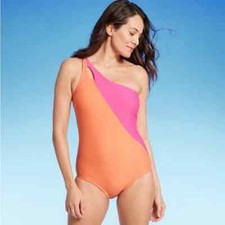 Lands' End Womens 360 Tummy Control UPF 50 One Piece Swimsuit Pink/Orange M
