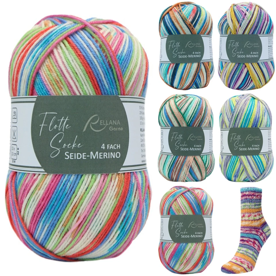 100g Rellana Flotte Socke Seide Merino 4-fach Sockenwolle Garn (95,00€/kg)