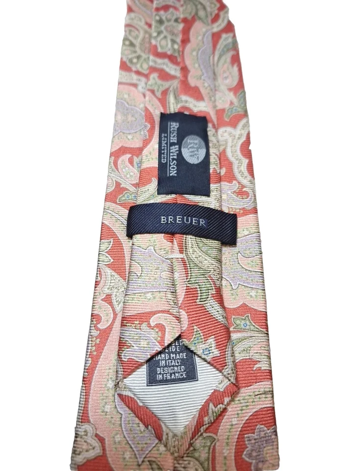 Gravata Breuer 100% seda rosa escuro com paisleys em rosa, verde, roxo, nova sem etiquetas - Imagem 2 de 4