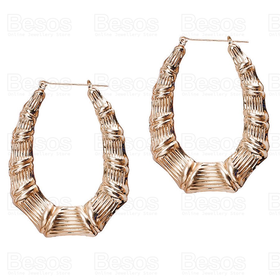 6cm OVAL BAMBOO HOOP oversize creole hoops EARRINGS goldtone metal GOLD  TONE UK