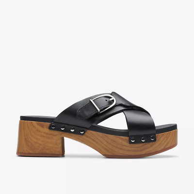 Brandneu in Box Clarks Damen-Leder-Clog-Sandalen SIVANNE WALK schwarz
