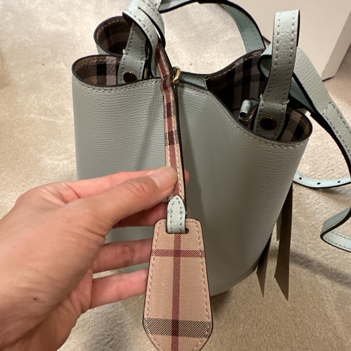 New designer Burberry pale opal blue bucket bag purse check