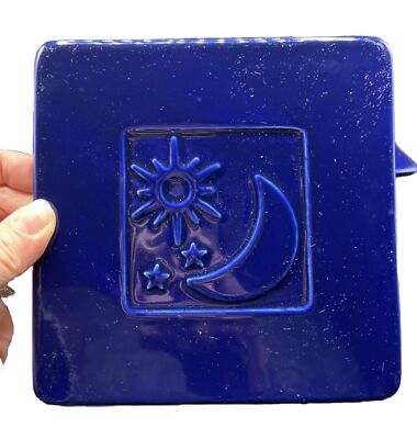 3 Art Pottery Cobalt Blue Tiles 6x6 Moon Sun Stars Eclipse Galaxy Cork Trivet