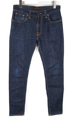 Nudie Thin Finn Dry Ecru Embo Herrenjeans W31/L32 Blau Denim Slim Fit Zip Fly