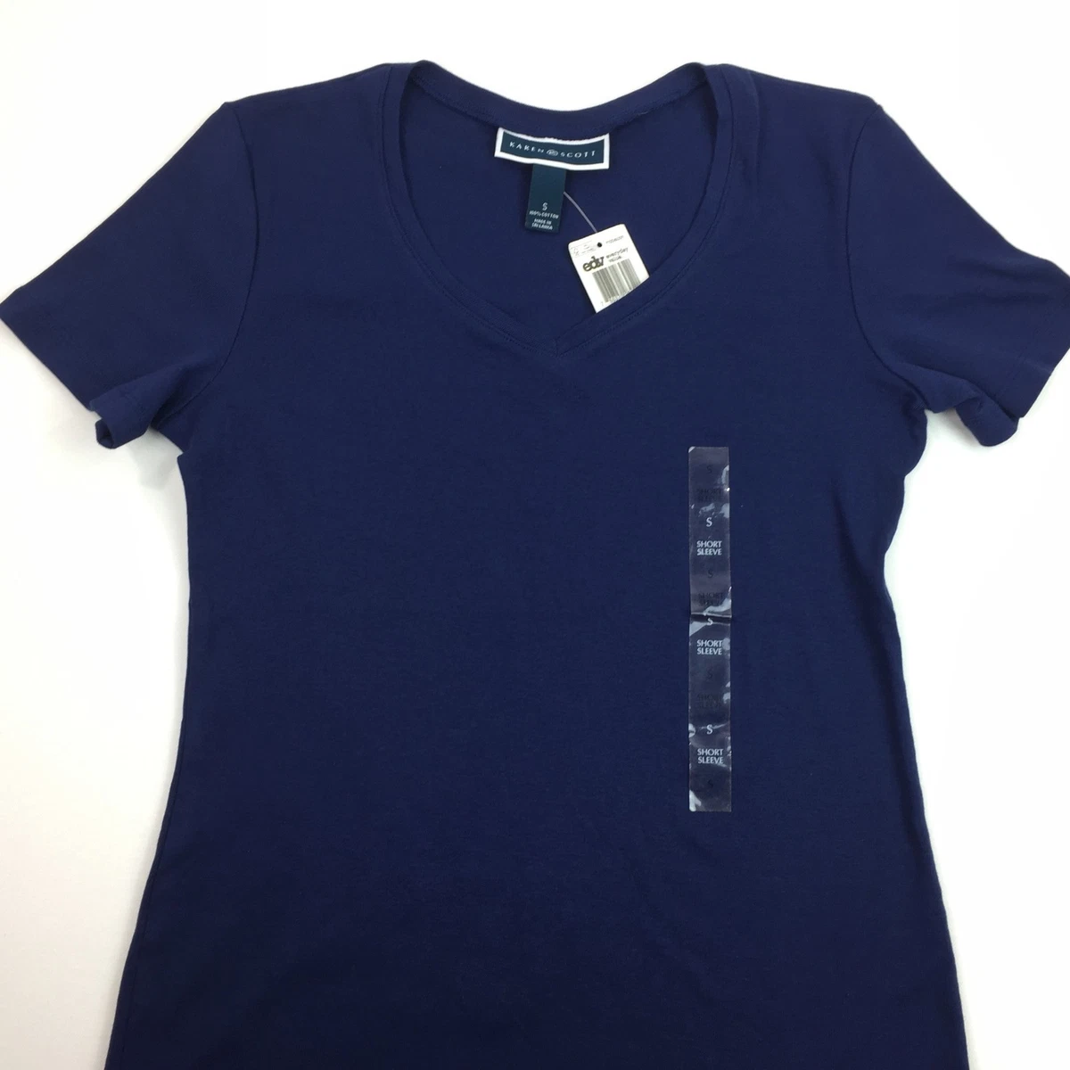 Macy's Karen Scott Women's Dark Blue Short Sleeve V-Neck Tee Top T