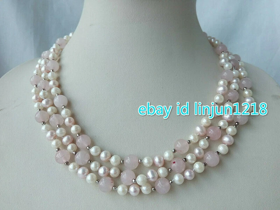 Collar de cuarzo rosa redondo de jade de 8 mm de perlas blancas de agua dulce de 3 hilos de 7-8 mm 17-20" Foto 3 de 4