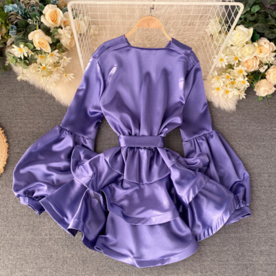 Women Satin Short Mini Dress A-line Lantern Sleeve V-neck Ruffle Lace-up  Fashion | eBay