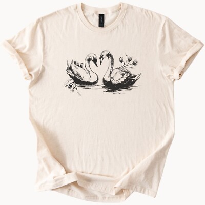 Swan Heart Graphic Tee Love Birds TShirt Unique Design Top