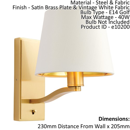 Wall Light Satin Brass Plate & Vintage White Fabric 40W E14 Dimmable - Picture 2 of 2