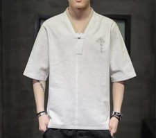 Men's Fashion Summer V Neck Short Sleeve Loose embroidery Cotton Linen T-shirt