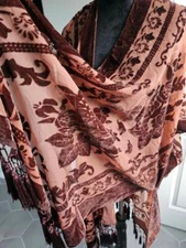 Maya Antonia Burnt Velvet Poncho/Scarf/Shawl Gray-Brown/Fringe,Wedding/BohoBeach