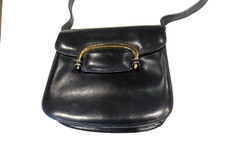 Black leather vintage purse, crescent moon clasp, c. 1980s