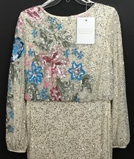 NWT Mac Duggal 5615 High Neck Long Sleeve Sequin Gown Embellished Floral Size 10
