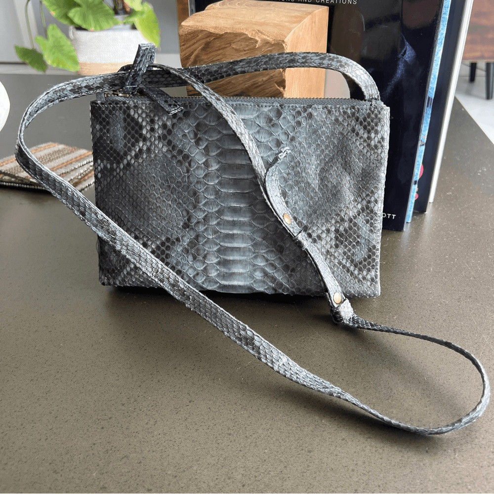 Gray Black Snakeskin python Leather Three-Compart… - image 1