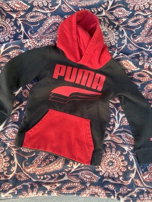 PUMA Boys Pullover Hoodie Size 5 Black/Red Logo Long Sleeve Hooded Pockets