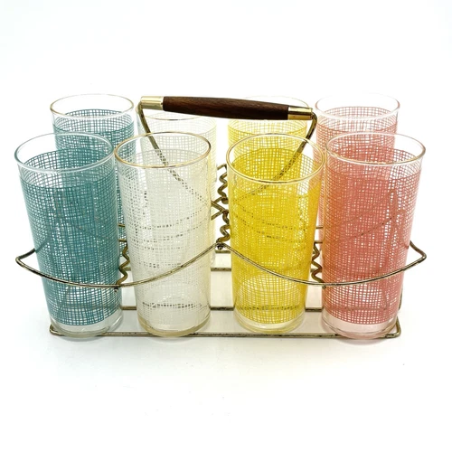 Vtg Federal Glass Tumblers & Carrier Set 50’s Basket Weave Burlap Drinkware Mcm