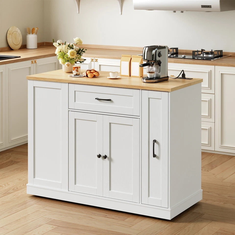 Isla de cocina enrollable con almacenamiento de bote de basura y toma de corriente Carro de isla de cocina Foto 3 de 4