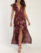 Lulu’s Burgundy Wine Floral V-Neck Maxi Dress