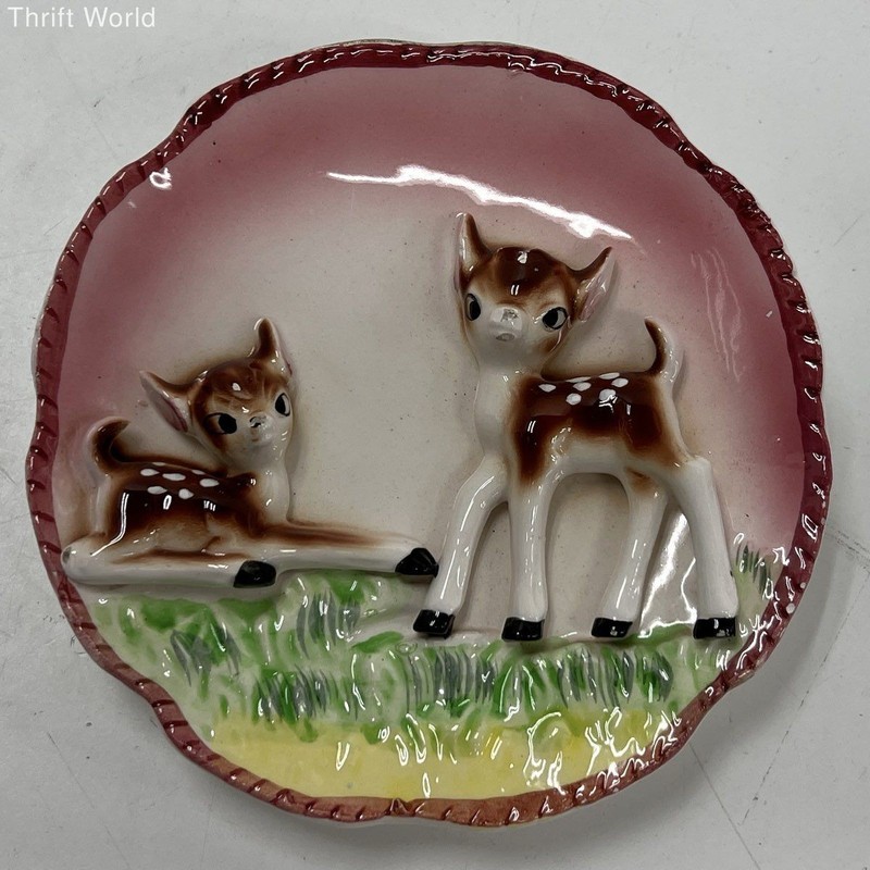 Vintage Ceramic Deer Fawn 3D Relief Wall Pocket Dish Hand-Painted Kitsch 5.5"