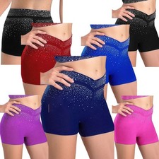 UK Kids Girls Gymnastics Dance Shorts Shiny Rhinestones Stretch Training Bottoms