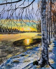 Eigenes Acrylbild.  Leinwand.ungerahmt 40x50cm. Frostiger Sonnenuntergang.