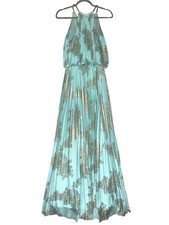 Xscape Womens Gown Gold and Aqua Metallic Halter Maxi Dress Size 10 Tall USA