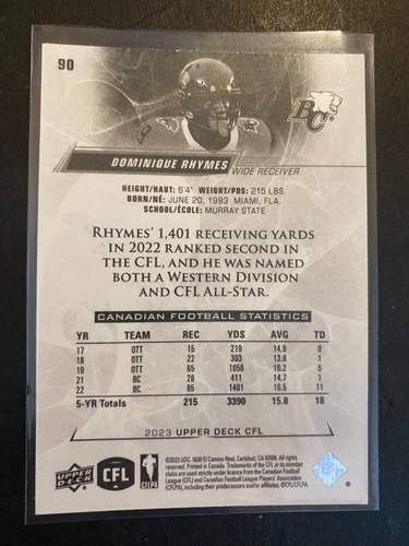 Dominique Rhymes - 2023 Upper Deck CFL "Exclusives" Card #90 (Serial #064/100) - Picture 2 of 2