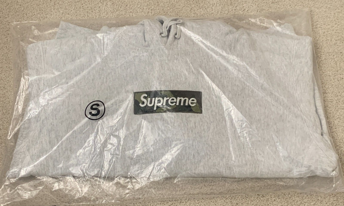 Supreme Camo Box Logo Hooded Sweatshirt Ash Grey FW23 Size Small 