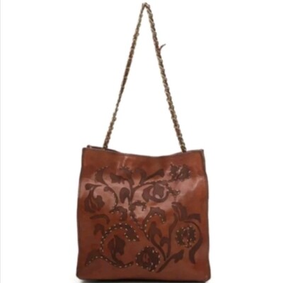 CAMPOMAGGI Small 'Aurora' shopping bag in cognac leather and floral raster