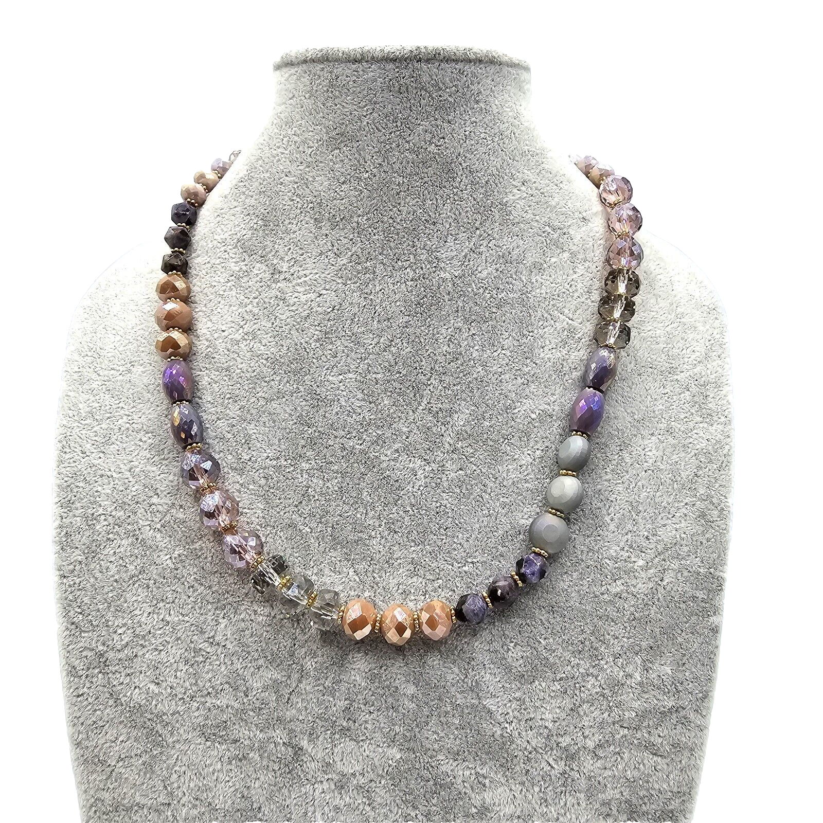 Faceted Sparkly Peach and Gray Rhinestone Beaded Necklace 17