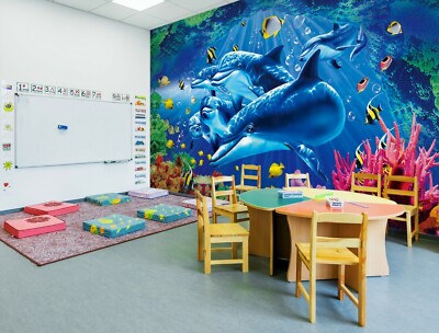 3D Blue Dolphin ZHUA2817 Wallpaper Wall Murals Removable Self-adhesive Amy