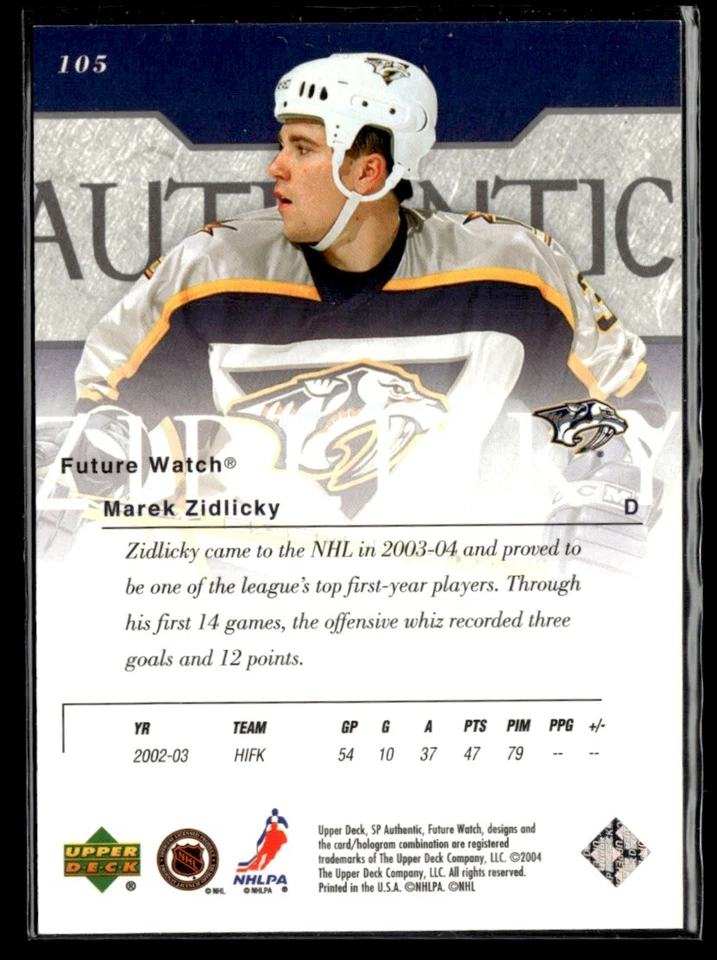 2003-04 SP Authentic Marek Zidlicky Rookie 372/900 #105 H10R3B - Image 2 of 2