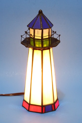 Vintage Tiffany Style Stained Glass Lighthouse Table Lamp Night Light 10" Tall - Picture 2 of 5