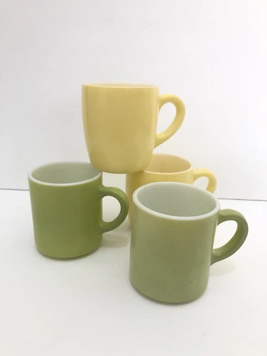 VTG Coffee Cup Mug Milk Glass MCM Set 4 Yellow Green Diner Hazel Atlas ? Avocado