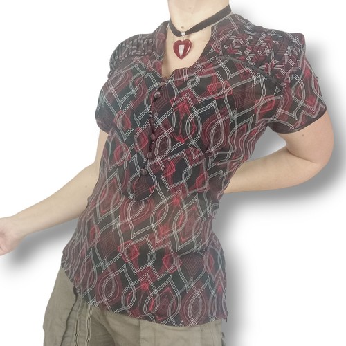 Blusa ajustada vintage Y2K roja y negra estampado geométrico transparente ribete satinado retro M - Imagen 1 de 10