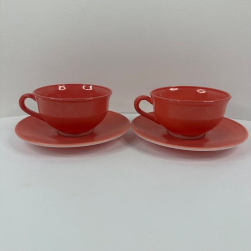 Set of 4 Vintage Hazel Atlas Salmon Pink Milk Glass Teacups with Saucers - Picture 2 of 14