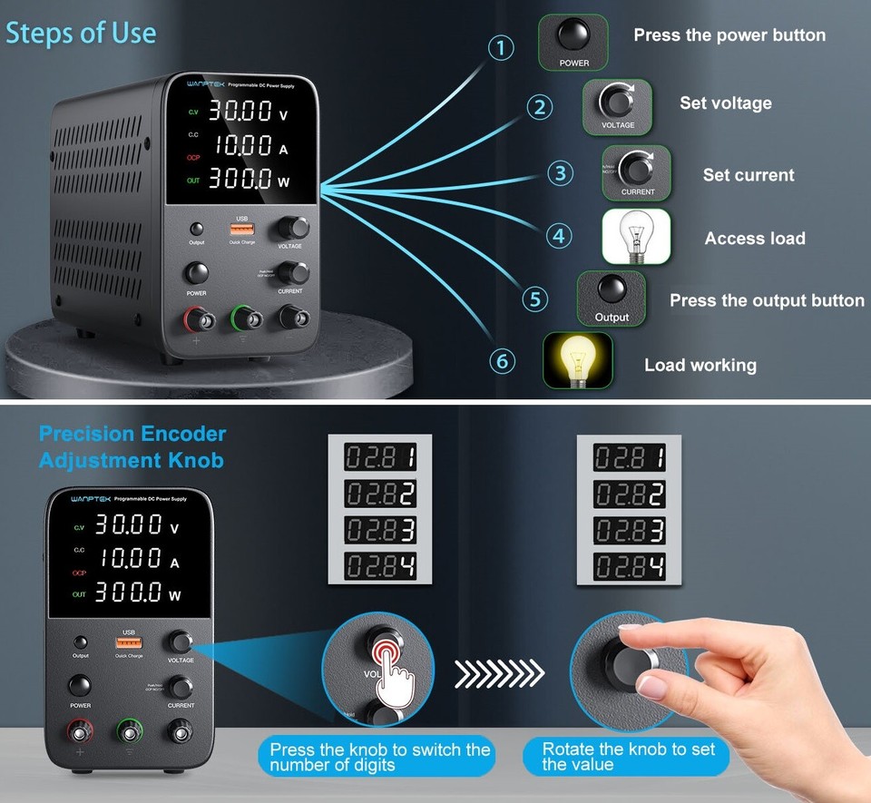Wanptek Adjustable DC Power Supply - 0-120V 0-10A 360W, 3 Output Bench Switching Lab Supply - View #2