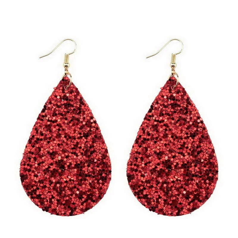 Pendientes colgantes de cuero en lágrima con lentejuelas brillantes para mujer Bohemia  Foto 3 de 4