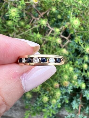 VINTAGE 14K YELLOW GOLD DIAMOND & SAPPHIRE BAND RING WEDDING ANNIVERSARY SPARKLY - 第 12/22 張圖片