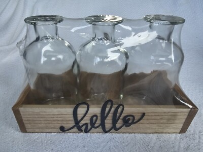 3 Glass Bottles And Wood Carrier With The Word Hello, Farmhouse Decorations