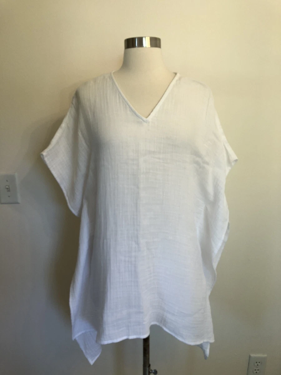 Eileen Fisher V Neck Organic Cotton Lofty Gauze White Caftan Sz XXS XSTTP 168