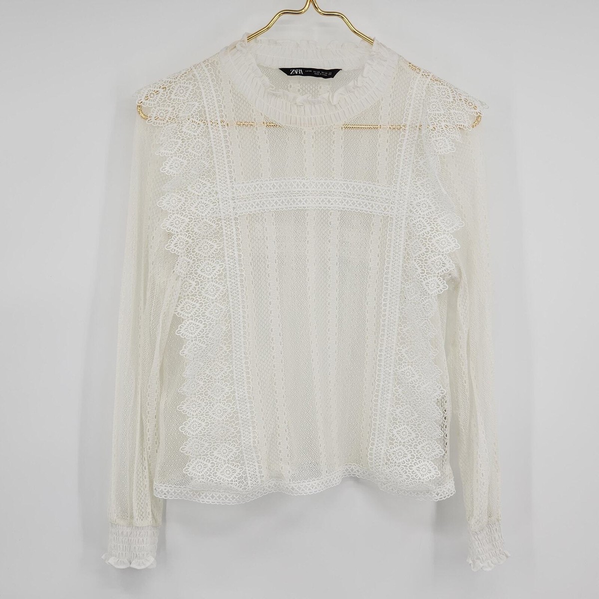 Zara Women's Lace Sheer White Ivory Long Sleeve Shirt Blouse